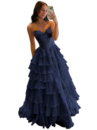 Mollyevers Strapless Corset Prom Dresses for Women Long Tiered Ruffle Chiffon Formal Evening Gowns with Slit