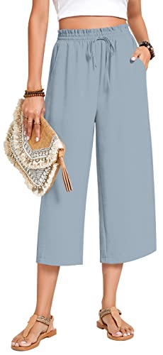 Image of Anyhold Women's Capri Pants Drawstring Casual Palazzo Trousers with Pockets Loose High Waisted Wide Leg Lounge Pants