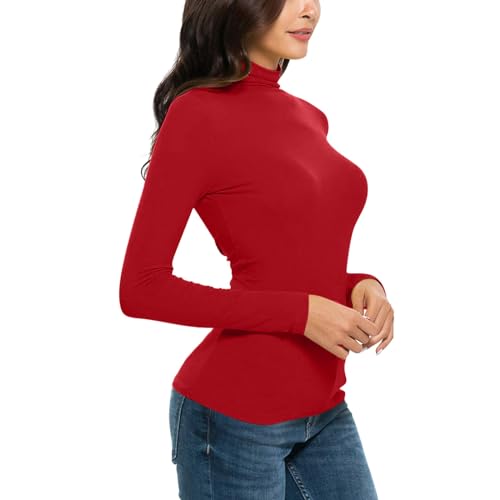 2025 Mujeres Moda Sólida Manga Larga Mock Cuello Alto Blusa Tops Slim Fit Stretch Layer Camisetas Top Mujer Manga Larga, rojo, M