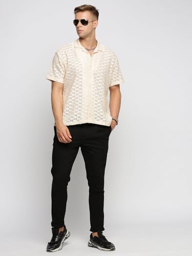 Image of SHOWOFFFF Men Solid Crochet Casual Shirt | Cuban Collar Half Sleeves Cotton Shirt for Mens | Relaxed Fit Regular Length Shirt for Men's