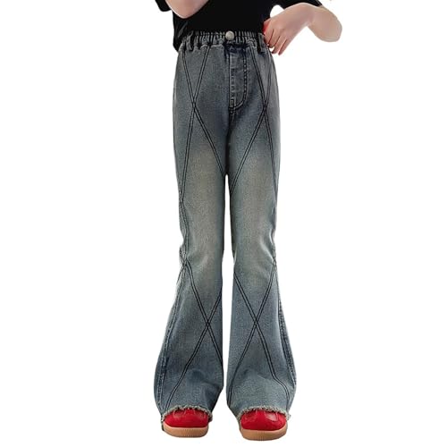 BILIKEYU Girls Flared Denim Pants Tassels Trim Elastic High Waist Stretchy Slim Fit Jeans with Pockets