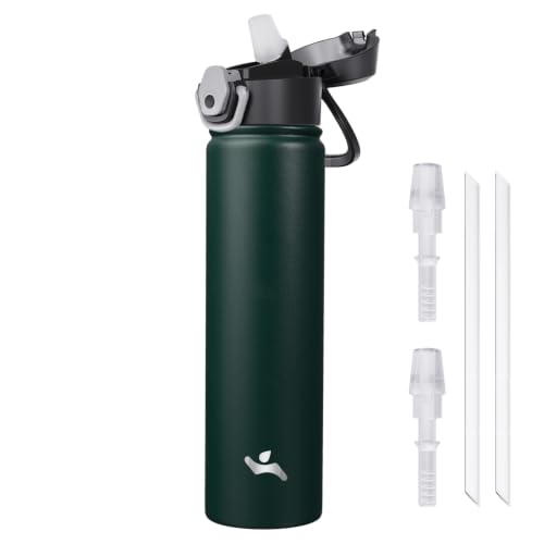 Image of Konokyo 24 oz Insulated Water Bottle with Straw, Carry Loop, Army Green