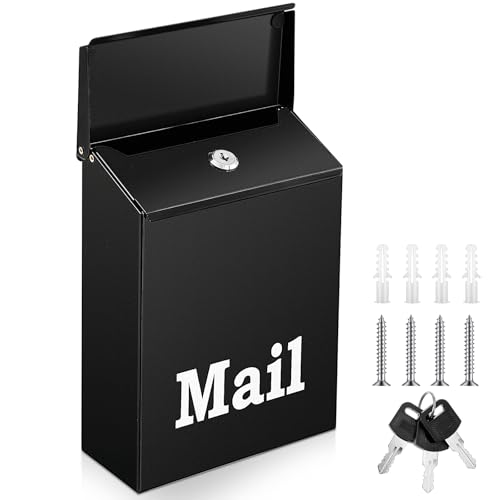 Image of MorningRo 10 x 7 x 3 Inch Small Black Wall Mount Mailbox with Lock Key for Outside Apartment Porch Rust Proof Security Key Drop Box for Letters Newspapers Cards