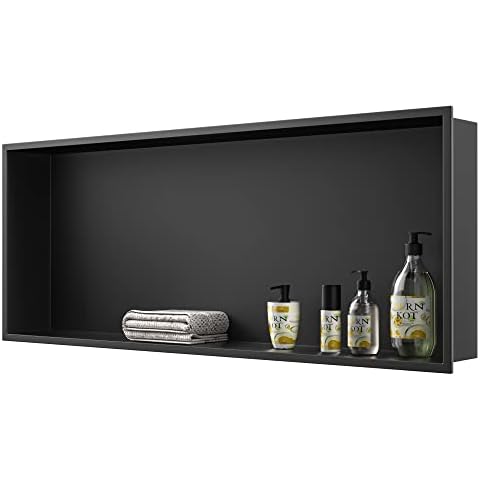 Bernkot Stainless Steel Shower Recess 90 x 30 x 10 cm Wall Anchor Storage Folder for Bathroom No Tile Required Black Cover