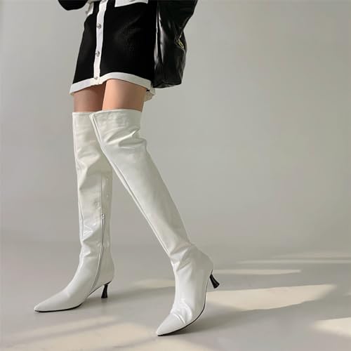 Betastella Women's Low Kitten Heel Thigh High Boots Patent Leather Pointed Toe Over The Knee High Boots2