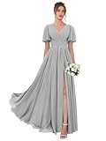 PZV Women's V Neck Bridesmaid Dresses Long with Slit Flutter Sleeve 2025 Pleated Chiffon Silver Formal Party Dress Size 2
