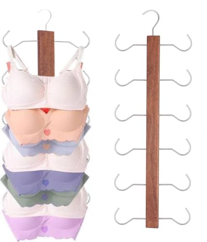 Image of BLOOMAX 3 Pcs Wooden Accessories & Bra Hangers - 24-Inch Walnut Polished, 12 Storage Hooks, 360 Rotating Chrome Hook (Space Saving for Bra, Scarf, Tie, Belt)