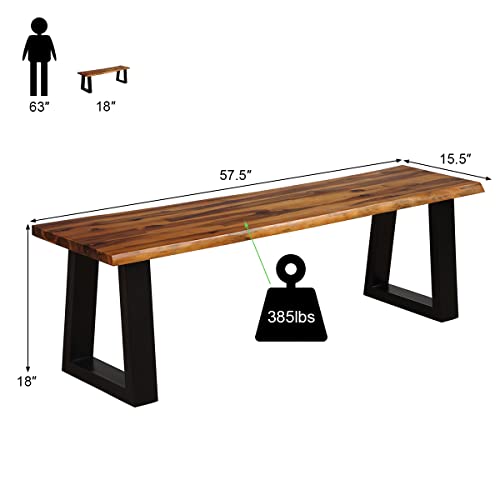 Image of Giantex 57.5 inch Live Edge Acacia Wood Bnech, 3-Person Backless Outdoor Dining Bench with Metal Legs & Adjustable Foot Pads for Entryway, Balcony, Porch, Backyard, Garden and Poolside (2 Pack)