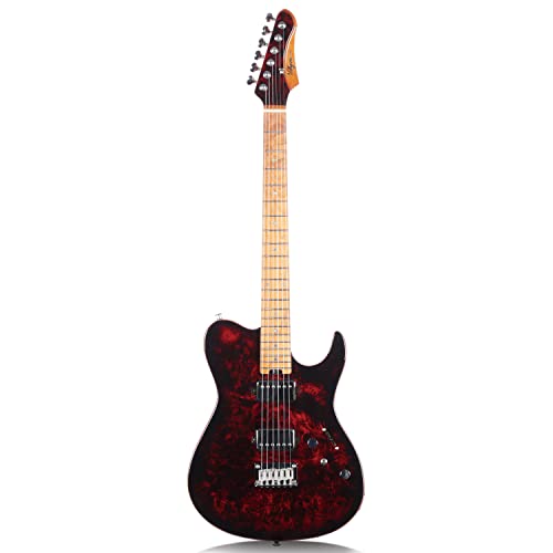 Volgoa Electric Guitar Burl Wood Look Printed Top Modern Double Cut 6 String HH Pickups Tremolo Maple Neck Gloss Finish (Red)