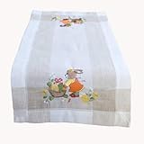 ostern tischdecken sander  Raebel Tischdecke Mitteldecke Stickerei Hasenmädchen Ecru beige Leinenoptik Osterdeko Ostern Ostertischdecke (35 * 70 cm)