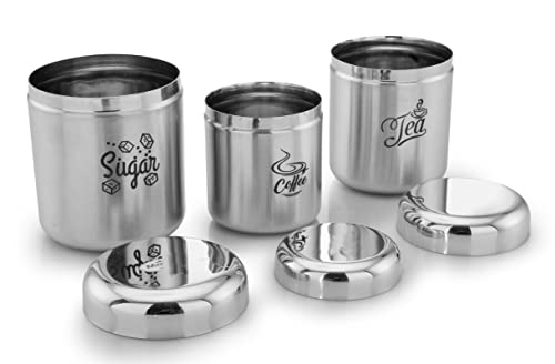 Image of Expresso Stainless Steel Vintage Tea Coffee Sugar Canisters, Set of 3, Big Size; Approximate Capacity: Sugar - 1400 ml, Tea - 1000 ml, Coffee - 700 ml