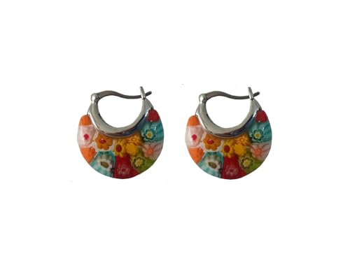 Murano Style Glass Hoop Earrings for Women Multicolored Dry Flower Moon Earrings Classic Stainless Steel Gift for Her