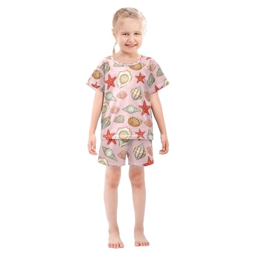ALAZA Conch Starfish Seashell Pajamas Set Short Sleeve Cotton Sleepwear Summer Pjs 2 Piece 5-14Y3