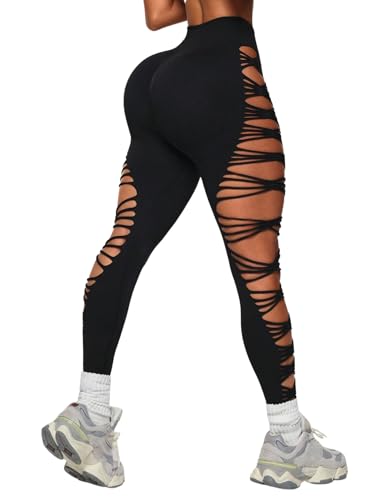 OYOANGLE Women Ripped High Waist Seamless Leggings Black Medium