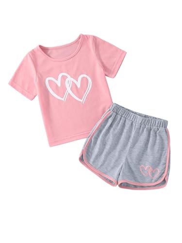 Image of Floerns Toddler Girls 2 Piece Outfit Heart Print Short Sleeve Tee Shirt and Track Shorts Set