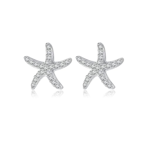 Reffeer Solid 925 Sterling Silver CZ Starfish Stud Earrings for Women Teens Beach Stud Earrings Sea Fish Earrings