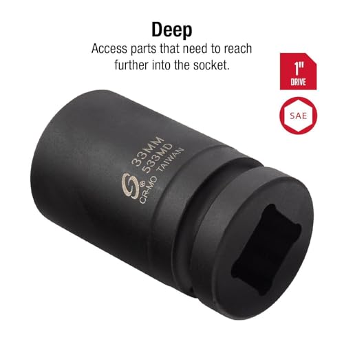 Image of SUNEX TOOLS 533MD, 1 Inch Drive, 33mm Deep Impact Socket, Cr-Mo Steel, Radius Corner Design, Chamfered Opening, Dual Size Markings
