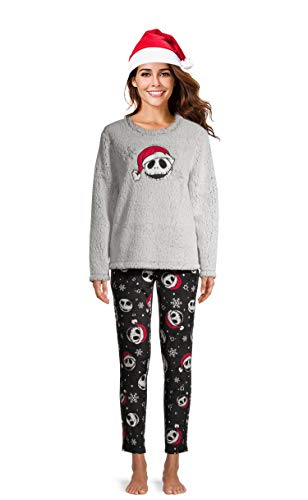 Nightmare Before Christmas Jack Skellington Women's Plush Christmas Pajamas Set w/ Santa Hat (XL (16-18)) Gray/Black