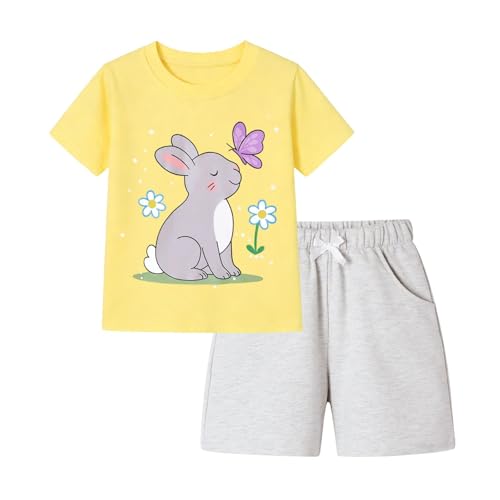Image of HILEELANG Girls Cotton Short Set Summer 2 Piece Outfit T Shirt Shorts | 100% Cotton, Soft Breathable Fabric, 2 Piece Outfit Set, Elastic Waist, Summer Comfort for Toddler Little Girls