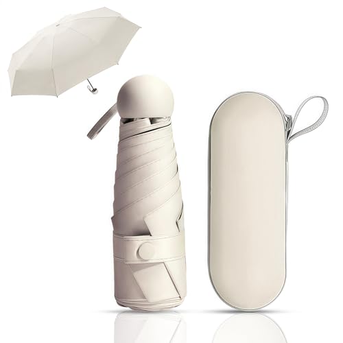 Coztie Kompakter Regenschirm 6 Rippen Taschenschirm mit Kapsel Fall Mini Reise Regenschirm Falten Reise für Männer Und Frauen (Biene Weiß)