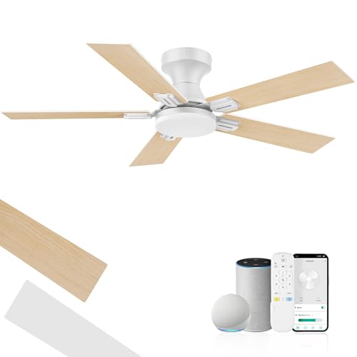 42 inch Smart Low Profile Ceiling Fan with Lights Remote,Quiet DC Motor,WIFI Control via Voice Alexa,App, Easy to Install,Flush Mount Outdoor Indoor Fans for Small Bedroom Patio Porch,White&