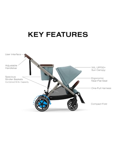 Image of Cybex e-Gazelle S Electronic Assist Stroller - Gazelle S Single-to-Double Electric Stroller, Smart Assist, Rocking Mode, 20+ Configurations & Compact Fold, Stormy Blue with Taupe Frame