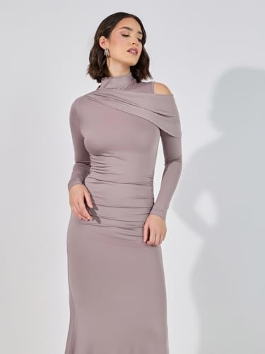 Image of Styli Women Brown Cut-Out Detail High Neck Draped Maxi Dress | High Neck, Ruching Detail, Pleated Long Sleeves, Zip Closure, and Flattering Maxi Length for an Elegant Look.