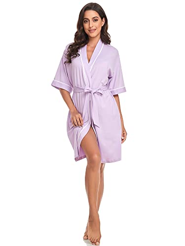 Image of COLORFULLEAF Womens Bamboo Short Robes Lightweight Kimono Cotton Robe Soft Knit Bathrobe Ladies Loungewear with Pockets