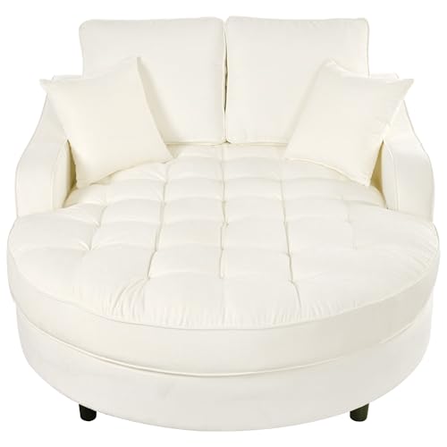 Image of Christopher Knight Home 55 Inch Modern Chaise Lounge Sofa Bed, Upholstered Chenille Lounge Couch with Tufted Seat and Detachable Pillows Curved Accent Sofa for Living Room, Beige