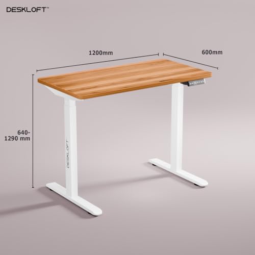 Image of Electric Standing Desk Height Adjustable Table | Ergonomic Sit Stand Workstation with Walnut Wood Grain Top | Motorized Computer Desk for Home Office (White Frame & Brown Top, 1200x600 mm)