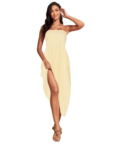 Image of Capuffy Women Strapless Boho Maxi Dress Sleeveless Tube A Line Summer Sundress with Pockets Flowy Swing Beach Dress 33