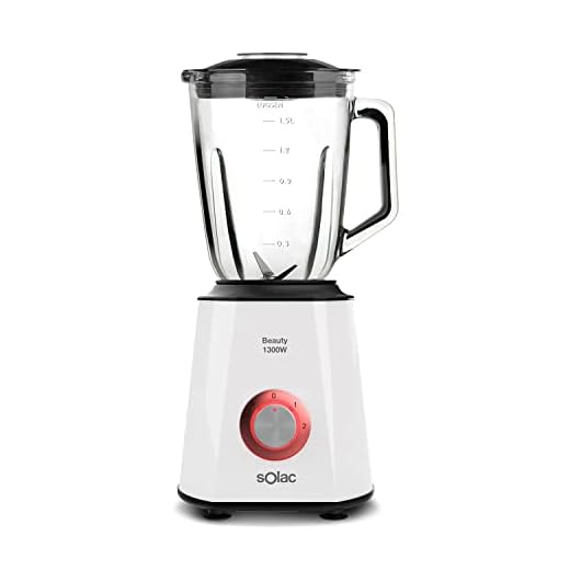 Solac Beauty - Batidora de vaso, jarra cristal graduada 1.5 L, cuchilla desmontable de inox con 4 filos, 2 velocidades, función pulse, apta lavavajillas, 1300 W