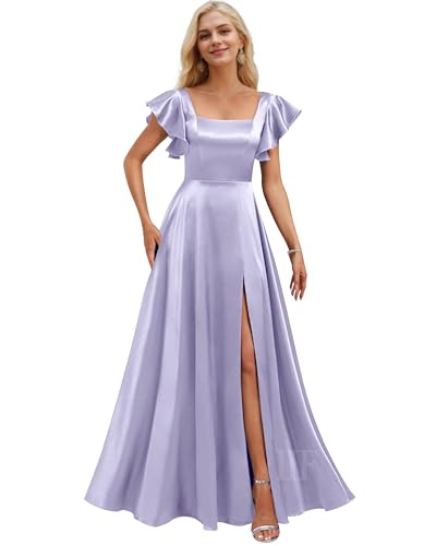 Image of IIF Short Sleeve Bridesmaid Dresses with Pockets Square Neck A-Line Satin Prom Gown Dress for Women with Slit IIF134
