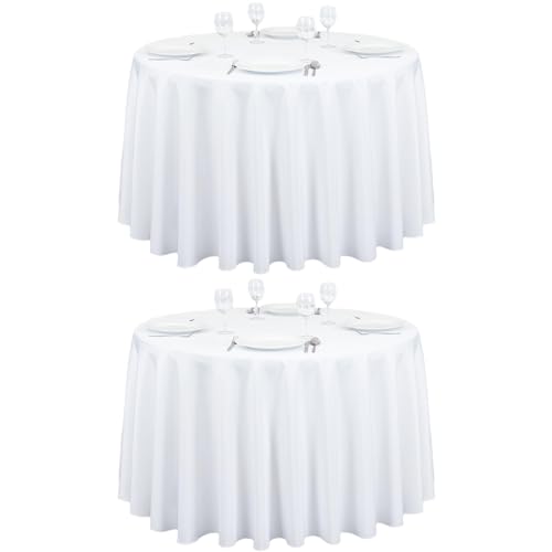LTC LINENS 2 Pack 108 Inch Round Tablecloth White - Great for 48 Inch Round Table Floor Length - Wrinkle Resistant Polyester Fabric Cloth for Wedding