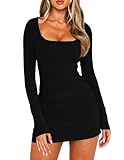 Navneet Women Square Neck Mini Dress Ruched Long Sleeve Dress Sexy Bodycon Dresses Cocktail Party Dresses Club Going Out Black M