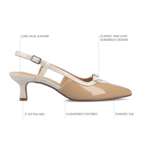 Journee Collection Womens Padma Mesh Sling Back Pumps Cushioned Pointed Toe Kitten Heel Pull On Spring Summer Shoe Patent/Nude 7 Wide WOMENS US3