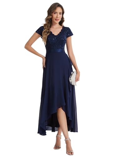 Ever-Pretty Robe de Soirée Chic Col en V Manches Courtes Mousseline Dentelle High-Low Bleu Marine...