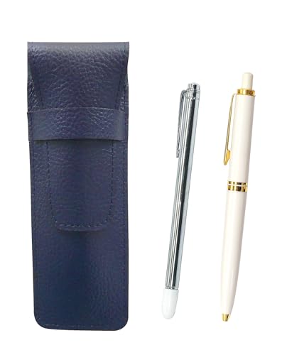 シボ革ペンケース青 金属製指示棒とユーロスタイル真鍮パーツノック式ボールペンセット 白 SASL-701S-NXB-W