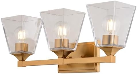 VAXCEL Wallingford 3-Light 22.5 inch Wide Modern Gold Transitional Bathroom Vanity Lighting Fixture, Clear Glass Shade, Dimmable, LED Compatible, Reversible Over The Mirror Mounted Metal Wall Sconce