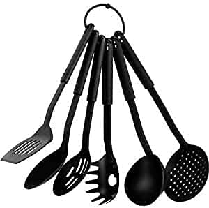 RIVUGJA 6 Pcs/Set Nylon Heat-Resistant Nonstick Spoon Tools Nylon Spatula Spoon Kitchen Cooking Utensil Tools Set. (Black Color)