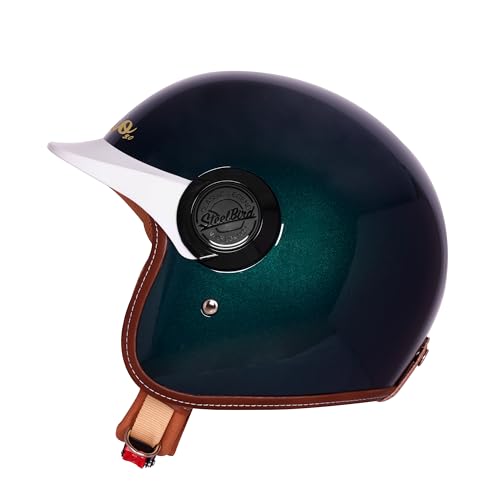 Image of Steelbird SBH 65 Retro 3.0 DOT and ISI Certified Open Face Helmet for Men and Women (Medium 580 MM,Glossy Forest Green with White Peak)