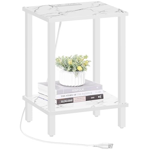 TUTOTAK End Table with Charging Station, Small Side Table with Outlets, Nightstand Bedside Table, 2-Tier Storage Shelf for Small Space, Living Room, Bedroom, Marble White TB01BMW040
