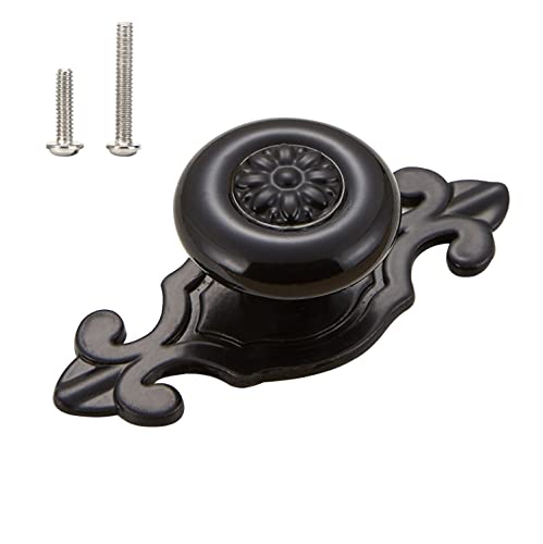 Paquete de 10 pomos de cerámica retro, tiradores de gabinete de pétalos de cocina vintage, base de aleación de zinc, placa trasera, armario, cajón, puerta, base negra