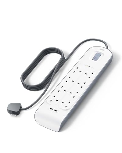 Belkin Extension Lead with USB Slots x 2 (2.4 A Shared), 8 Way/8 Plug Extension, 2m Surge Protected Power Strip - White