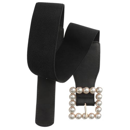 Ladies Elastic Pearl Waistband with Square Buckle Decorative Cummerbund Belt for Dresses and Outfits Black