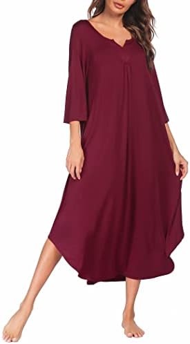 Ekouaer Nightgowns Long 3/4 Sleeve Lounge Dress Women Plus Size Loungewear V neck loose Full Length maxi Sleepshirt A-wine Red