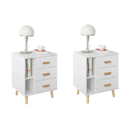 SoBuy Set de 2 Mesita de Noche con 3 cajones y 2 estantes, Mesa Auxiliar, Moderno Mesa de Noche Dormitorio, 48 x 40 x 60 cm, Blanco, FBT95-Wx2
