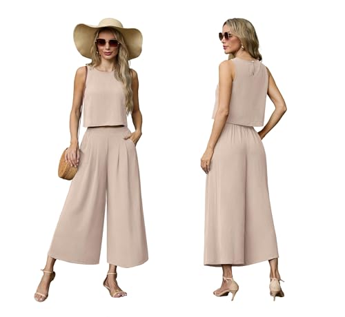 Lepunuo Women's Summer 2-Piece Outfit Set with Sleeveless Crop Top & Wide Leg Pants
