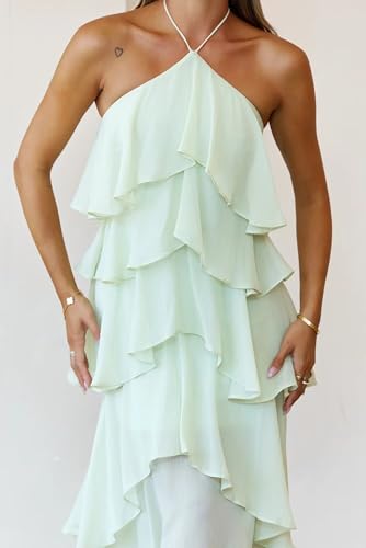 Halter Ruffles Bridesmaid Dresses Chiffon Tiered High Low Sleeveless Pleated Long Formal Party Evening Gowns4