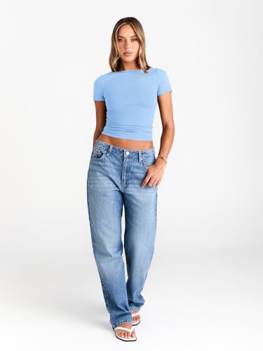 Image of Trendy Queen Womens Boat Neck Tops Short Sleeve Shirts | Compression Basic Tops,Y2K Aesthetic Slim Fit,Professional Business Casual, Polished Teacher Outfits